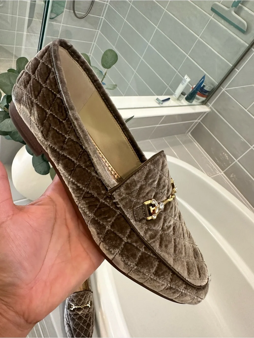 Sam Edelman Quilted Velvet Loafers in Brownish Gray with Gold Hardware